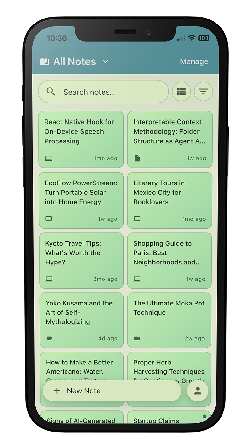 iphone render that depicts the note hoard mobile app with a list of notes (showing their titles in a series of cards)