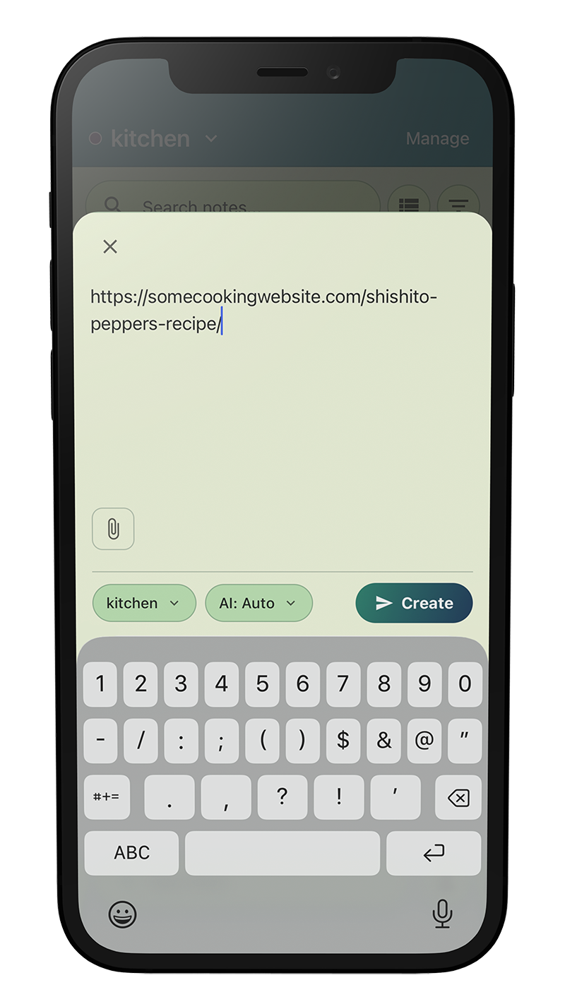 iphone render that depicts the note hoard mobile app with the new note creation screen open, a url to a shishito pepper recipe is entered into the input