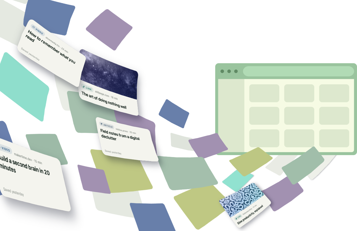 Illustration: saved note cards for a video, a link and an article flying into a tidy grid in a Note Hoard browser window